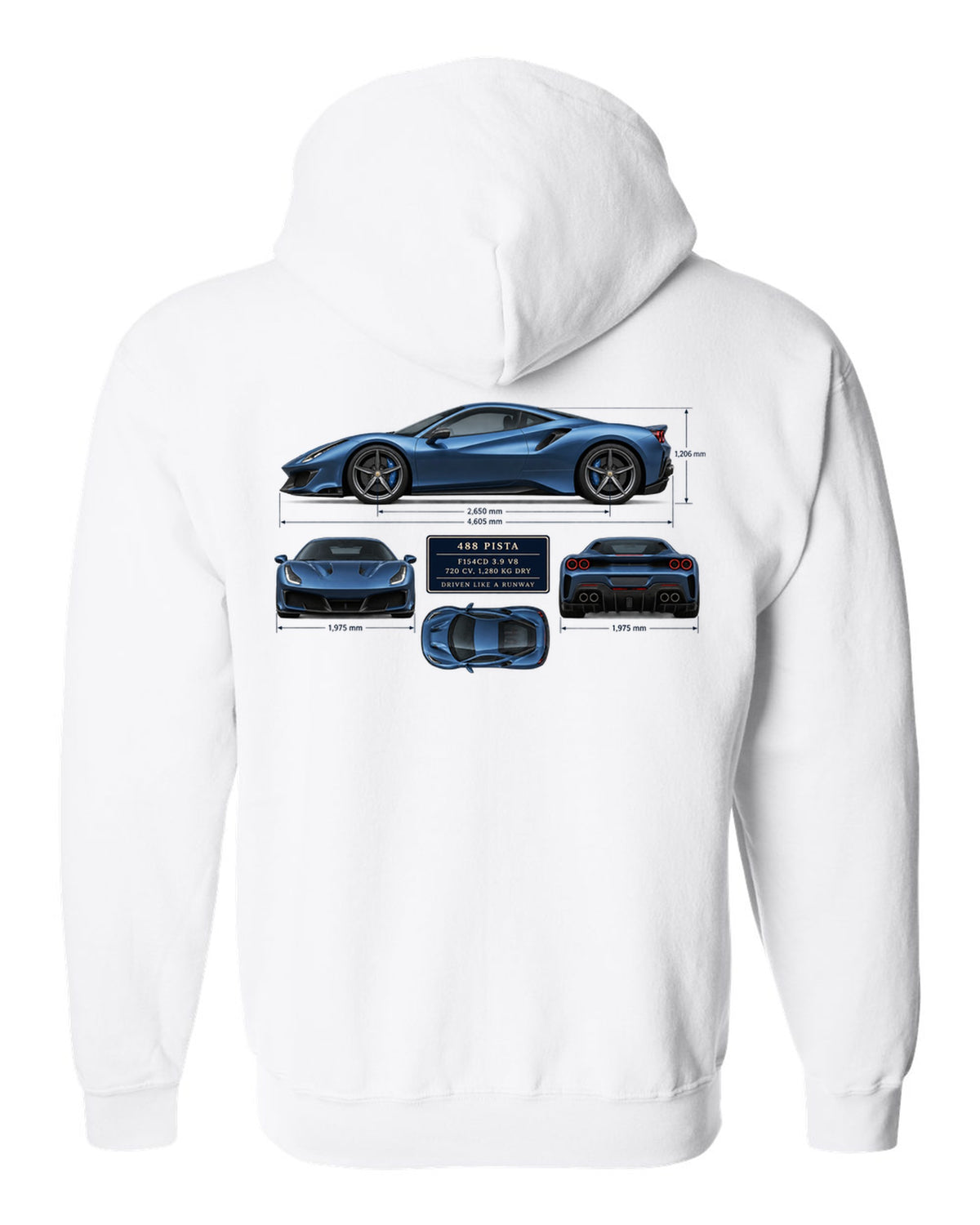 Blueprint print of the Ferrari 488 Pista in steel blue white zip hoodie back view with the design