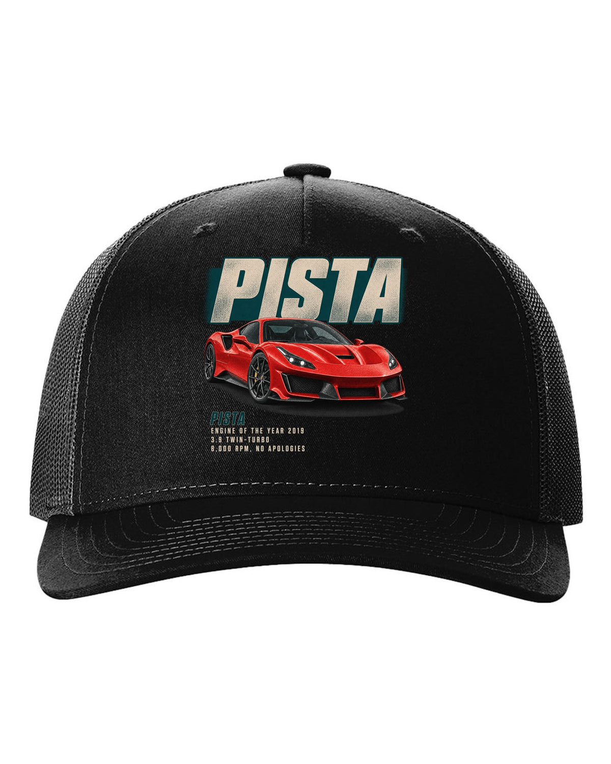 Editorial headline print of a red Ferrari 488 Pista in front three-quarter view black hat front view with the design