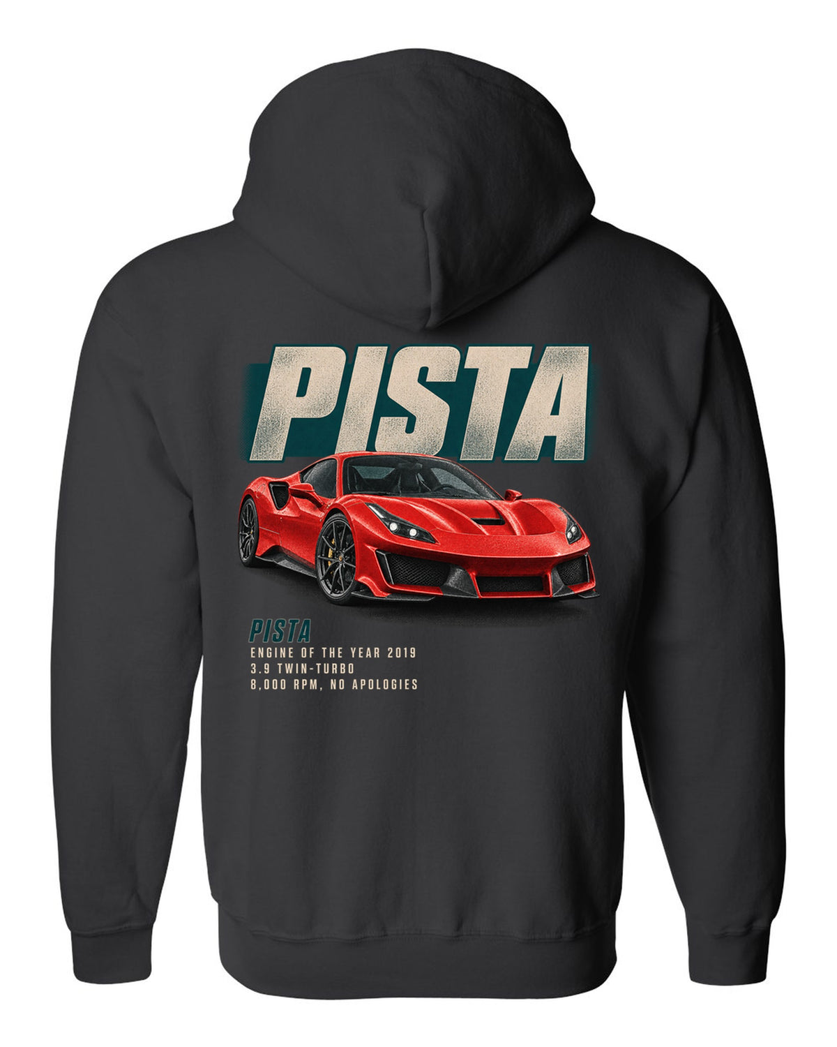 Editorial headline print of a red Ferrari 488 Pista in front three-quarter view black zip hoodie back view with the design