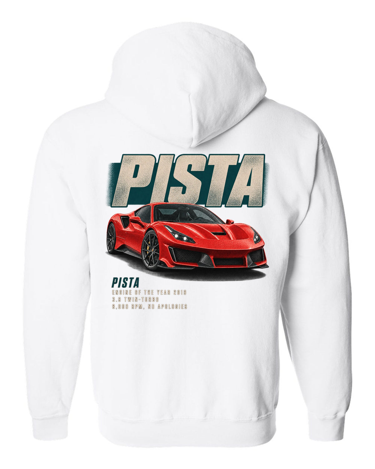 Editorial headline print of a red Ferrari 488 Pista in front three-quarter view white zip hoodie back view with the design