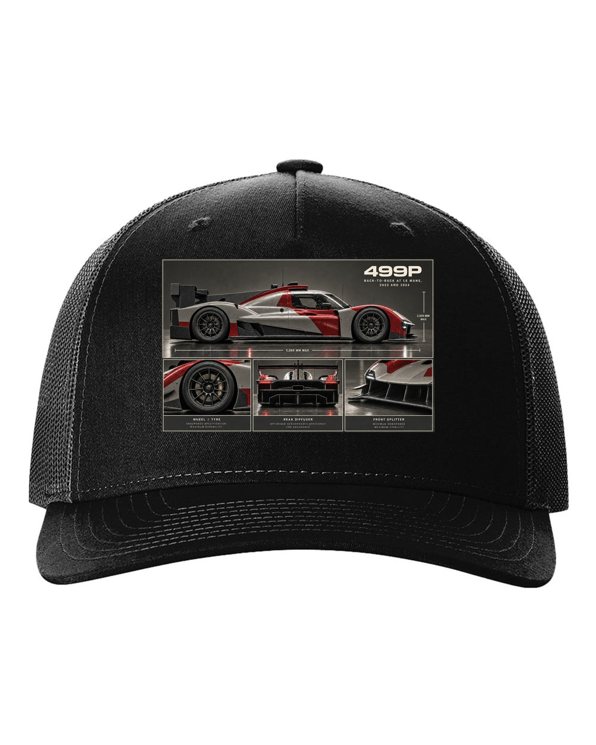 Ferrari 499P dossier panel print noting back-to-back at Le Mans 2023 and 2024 black hat front view with the design
