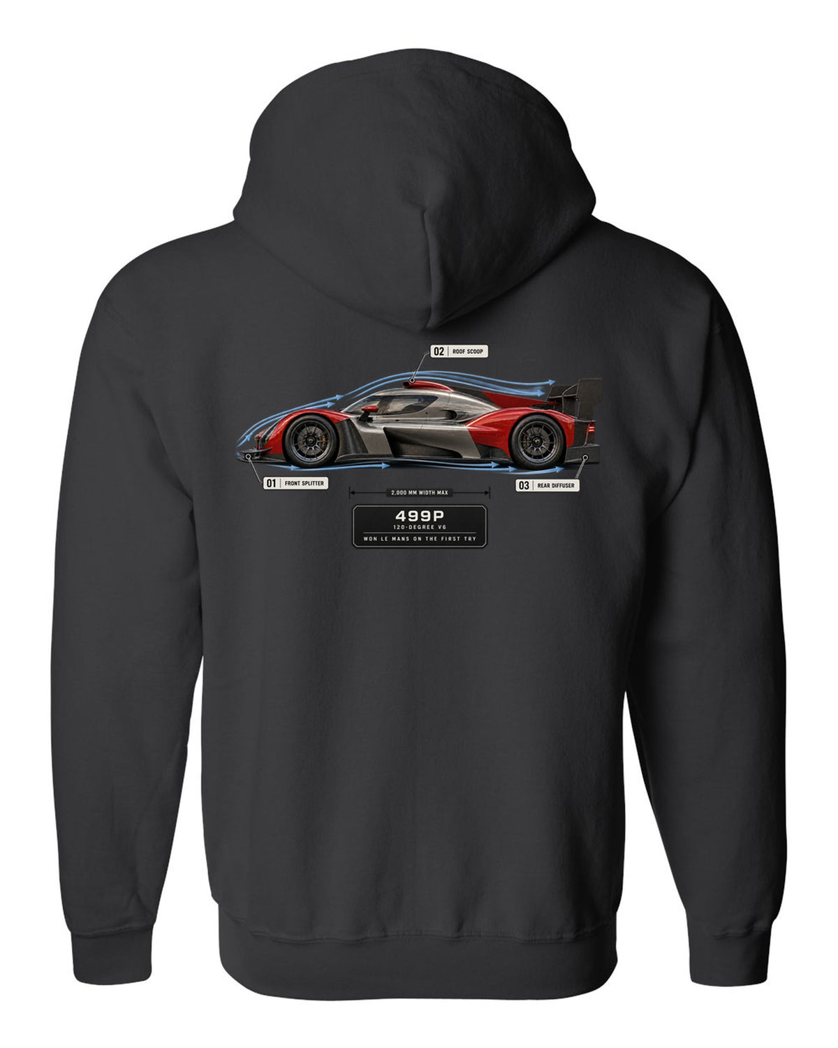 Ferrari 499P Le Mans Hypercar aero callout print with 120-degree V6 black zip hoodie back view with the design