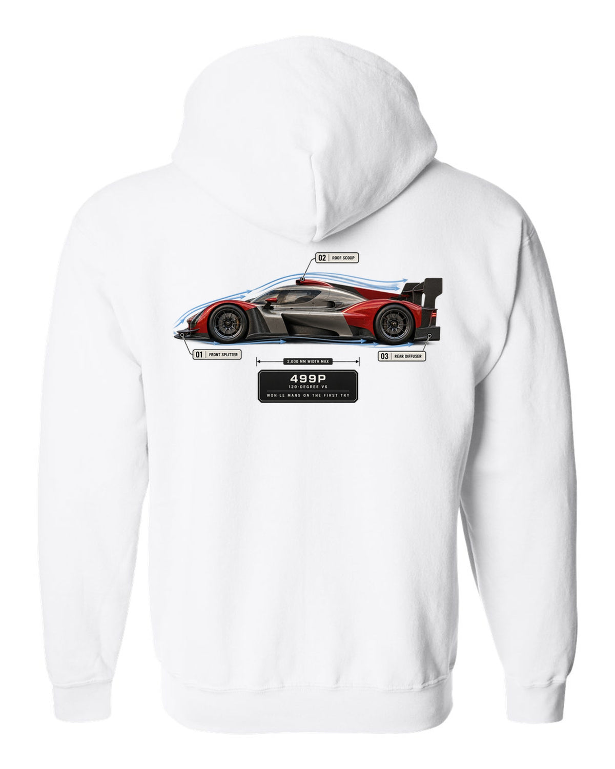 Ferrari 499P Le Mans Hypercar aero callout print with 120-degree V6 white zip hoodie back view with the design
