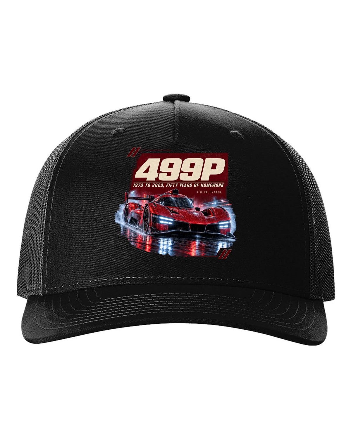 Ferrari 499P on a rainy night street print, 1973 to 2023 black hat front view with the design