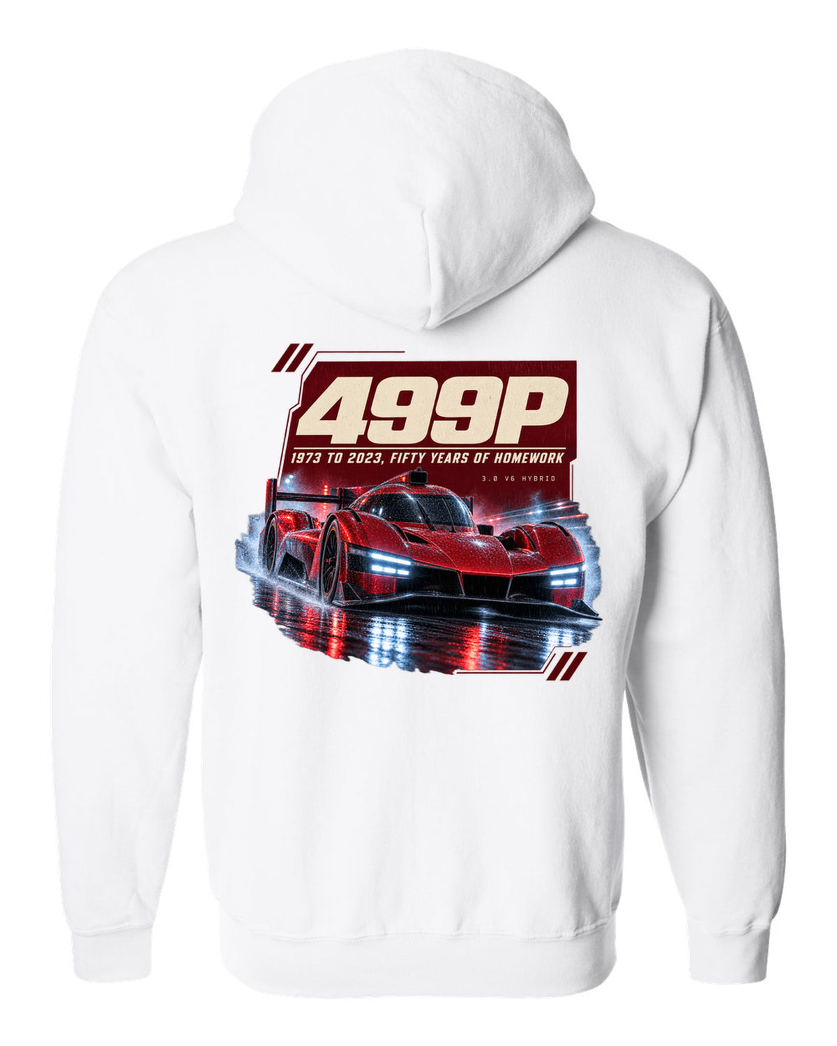 Ferrari 499P on a rainy night street print, 1973 to 2023 white zip hoodie back view with the design