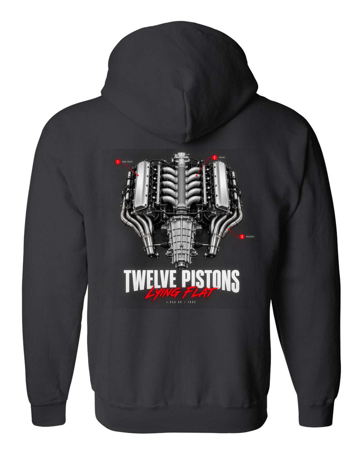 Engine callout print of the Ferrari 512 TR and F512 M flat-12 with the text Twelve Pistons Lying Flat black zip hoodie back view with the design