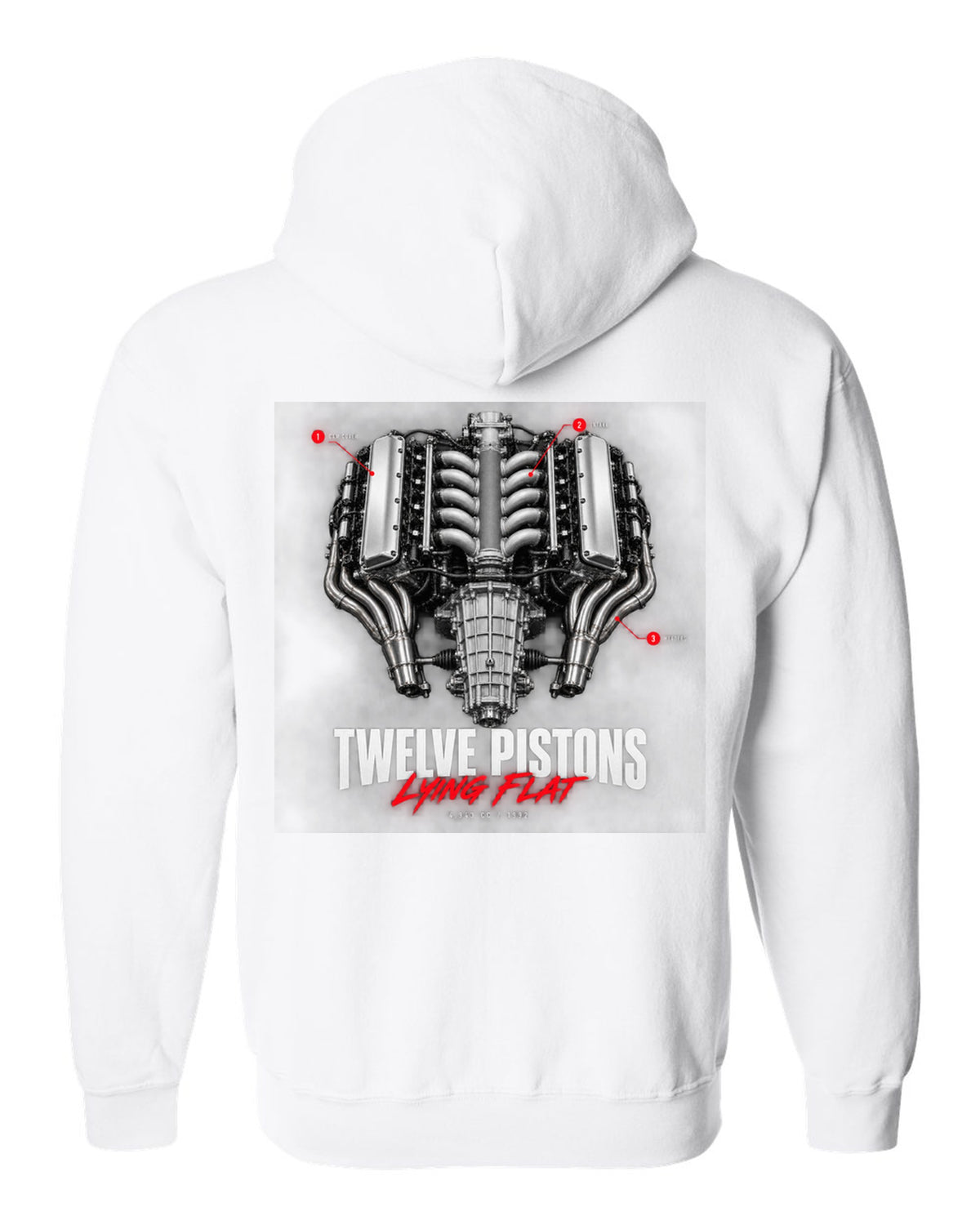 Engine callout print of the Ferrari 512 TR and F512 M flat-12 with the text Twelve Pistons Lying Flat white zip hoodie back view with the design