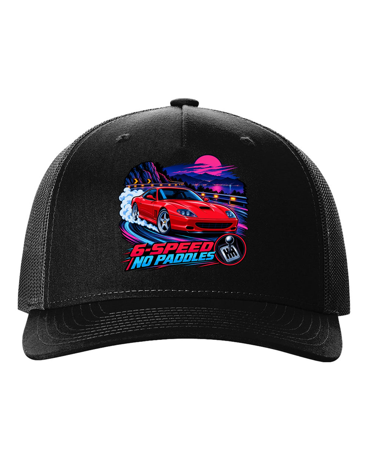 Cel-shaded anime night touge print of a Ferrari 550 Maranello with 6-Speed No Paddles lettering black hat front view with the design