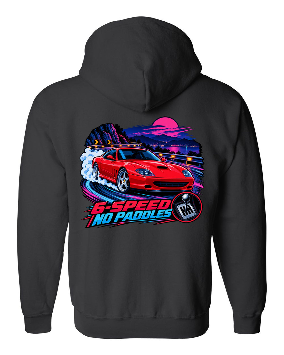 Cel-shaded anime night touge print of a Ferrari 550 Maranello with 6-Speed No Paddles lettering black zip hoodie back view with the design