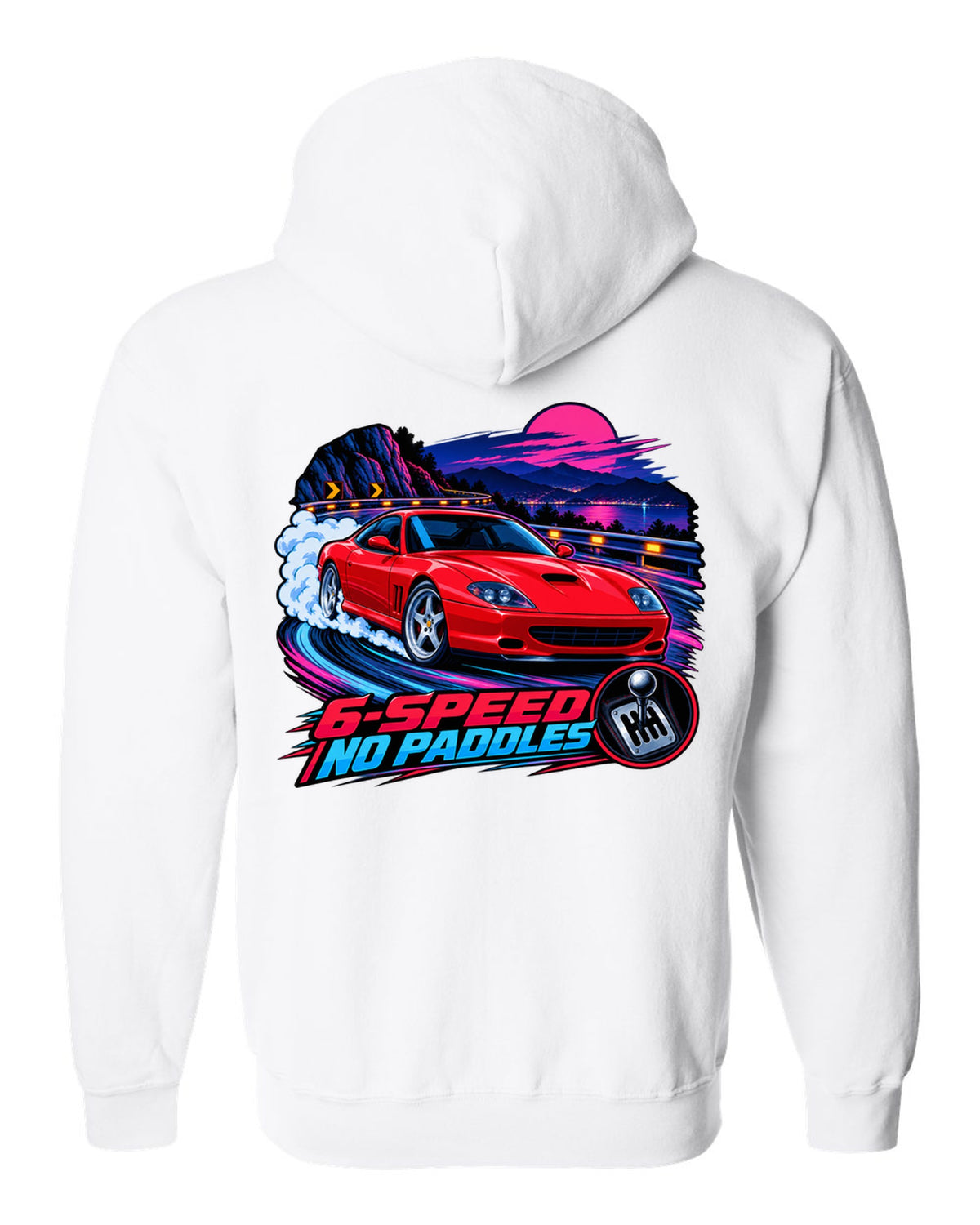 Cel-shaded anime night touge print of a Ferrari 550 Maranello with 6-Speed No Paddles lettering white zip hoodie back view with the design