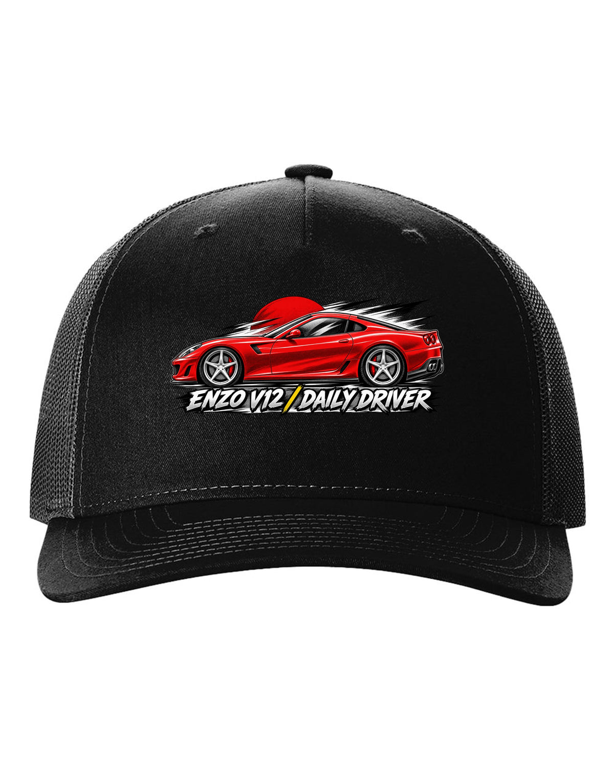 Retro manga halftone panel print of a Ferrari 599 GTB with Enzo V12 and Daily Driver lettering black hat front view with the design