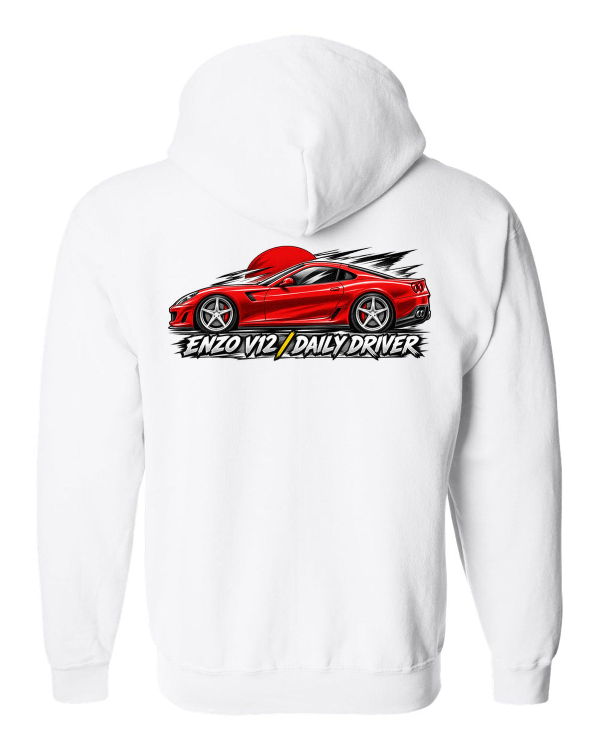 Retro manga halftone panel print of a Ferrari 599 GTB with Enzo V12 and Daily Driver lettering white zip hoodie back view with the design