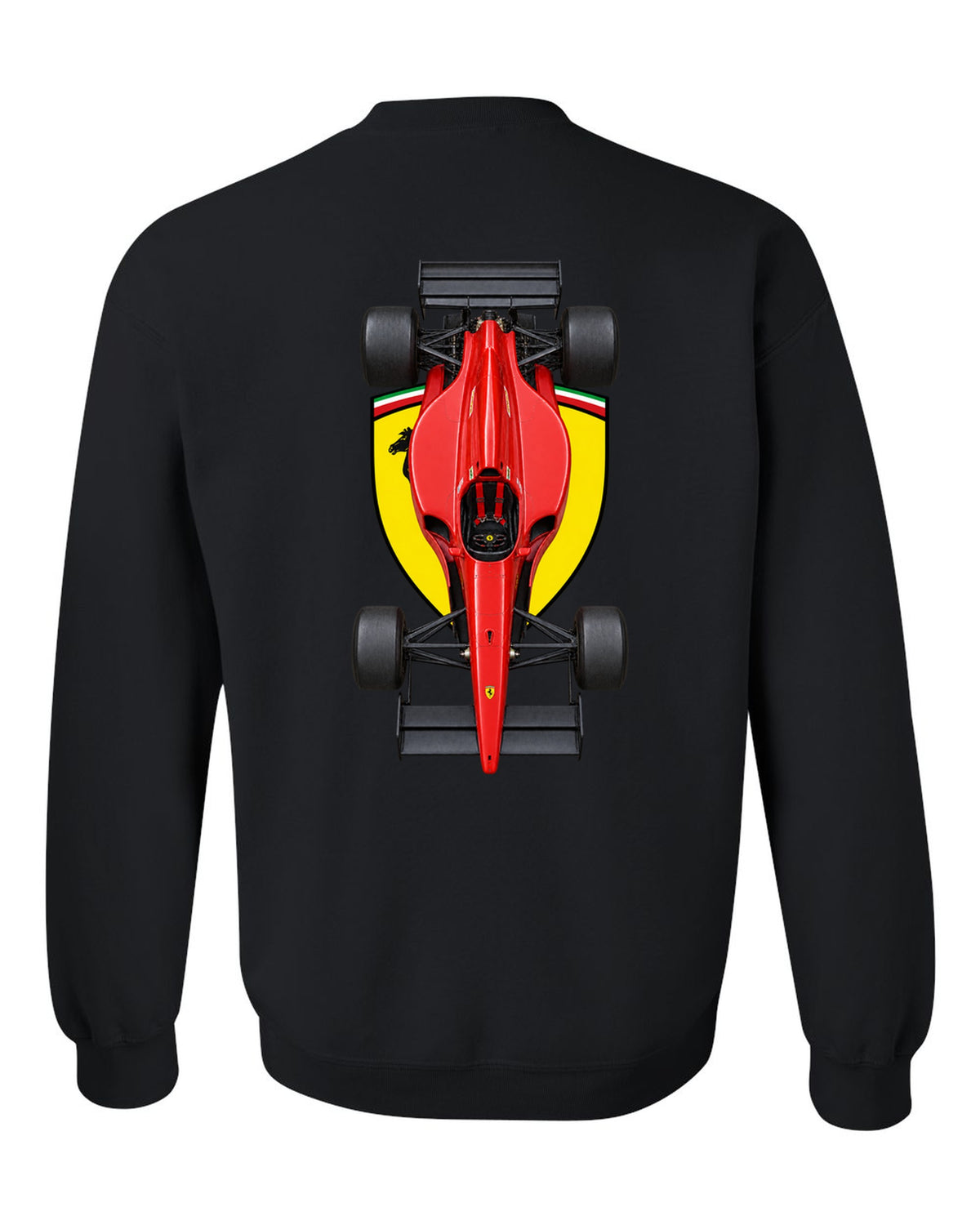 Ferrari 641 1990 Formula 1 overhead poster artwork black crewneck back view with the design