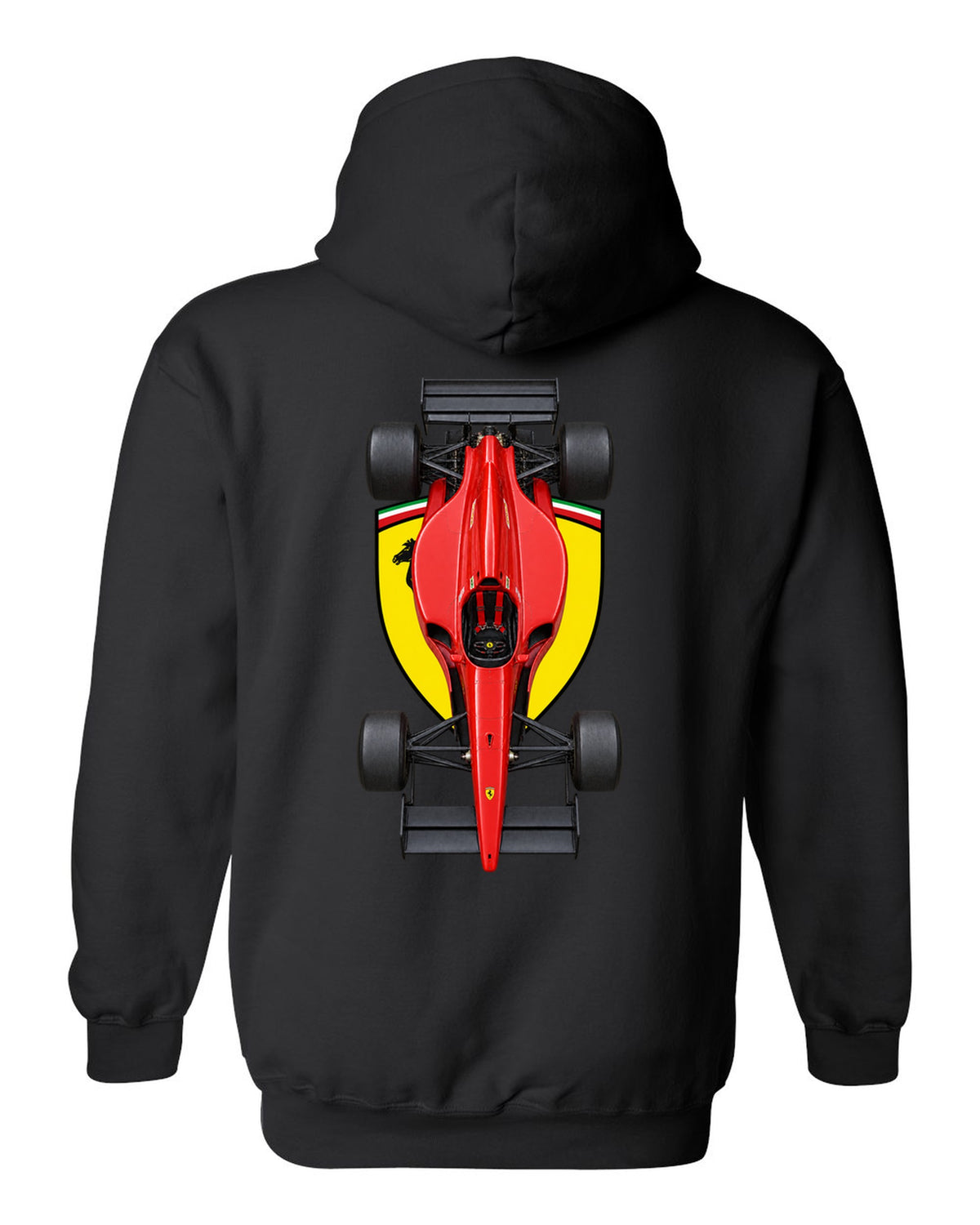 Ferrari 641 1990 Formula 1 overhead poster artwork black pull over hoodie back view with the design