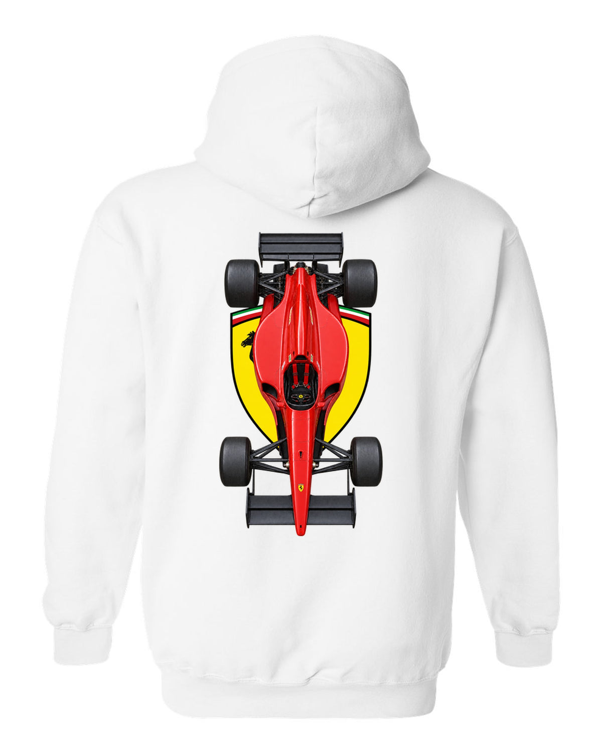 Ferrari 641 1990 Formula 1 overhead poster artwork white pull over hoodie back view with the design
