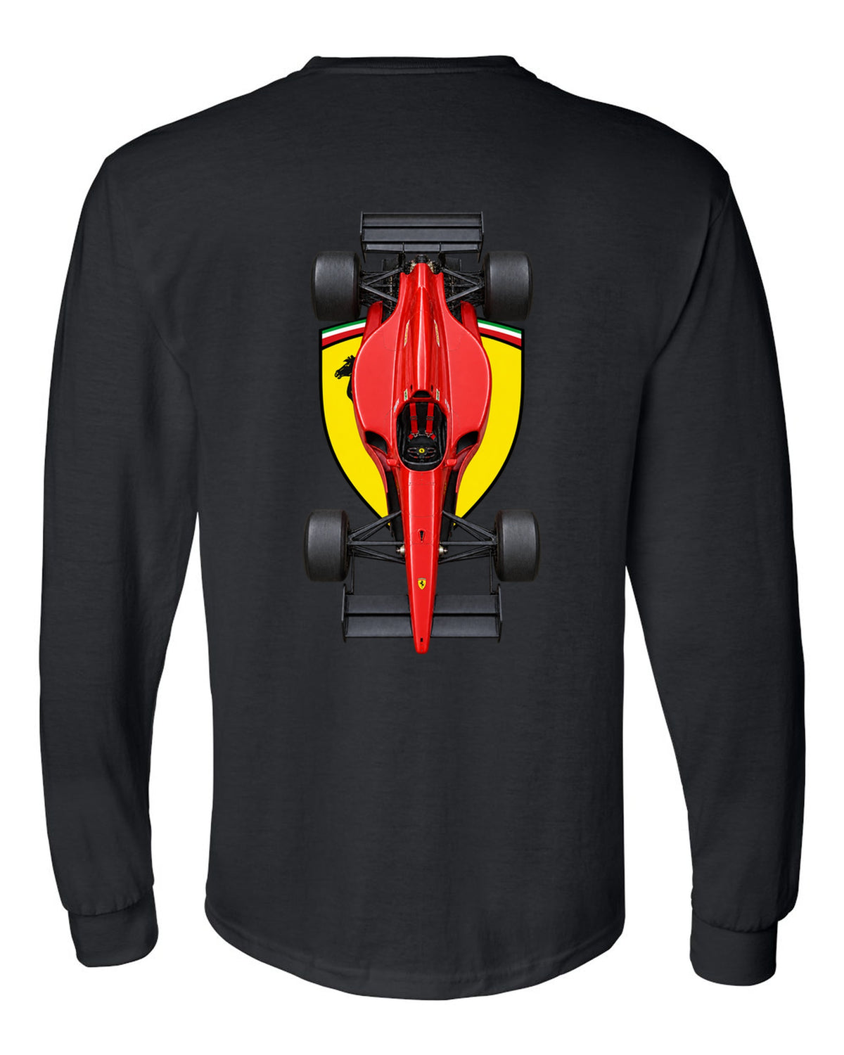 Ferrari 641 1990 Formula 1 overhead poster artwork black long sleeve back view with the design