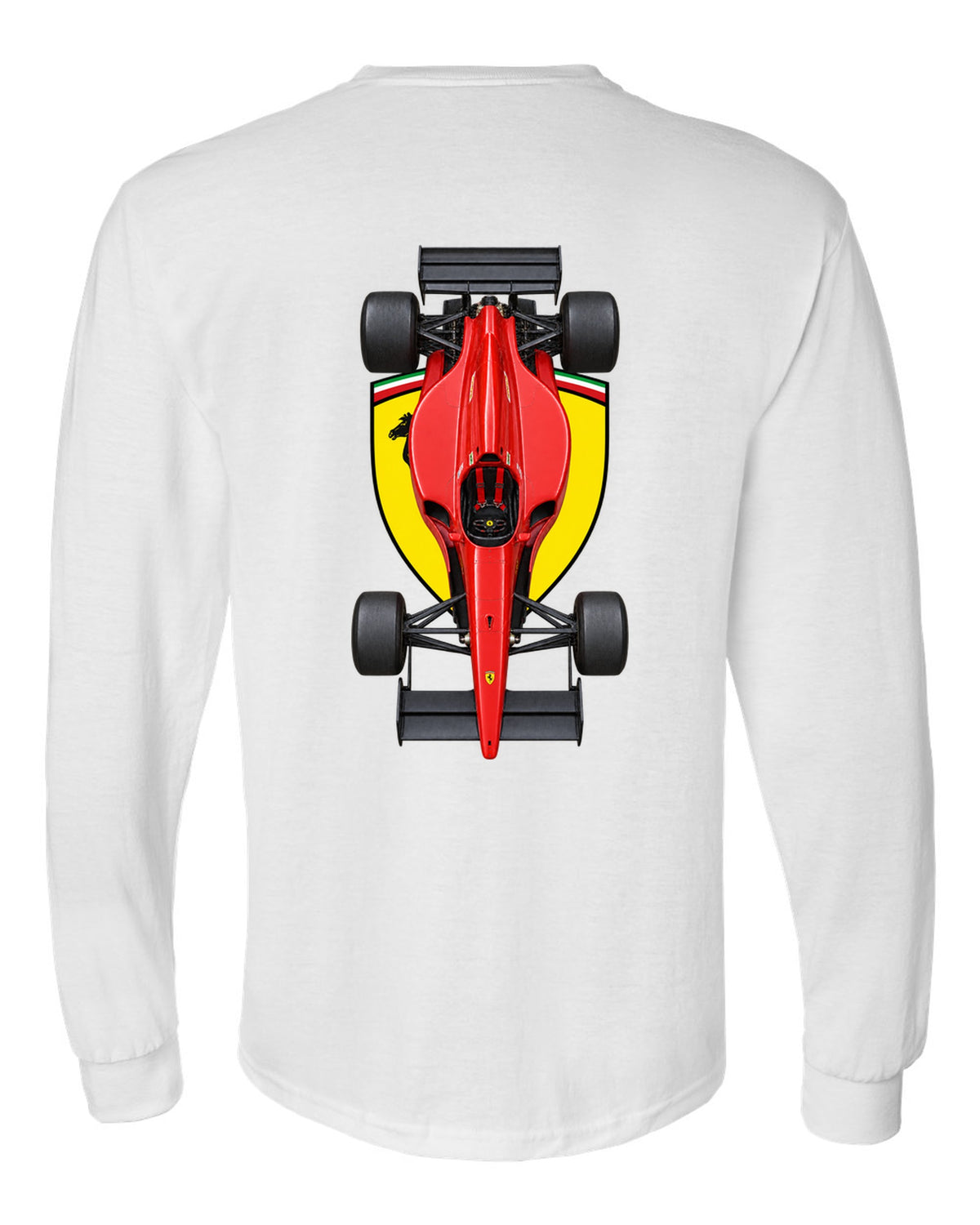 Ferrari 641 1990 Formula 1 overhead poster artwork white long sleeve back view with the design