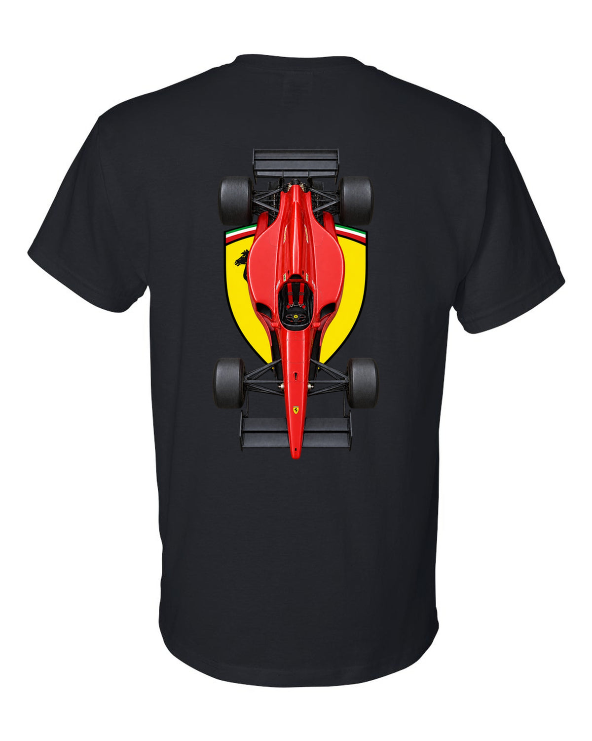 Ferrari 641 1990 Formula 1 overhead poster artwork black t-shirt back view with the design