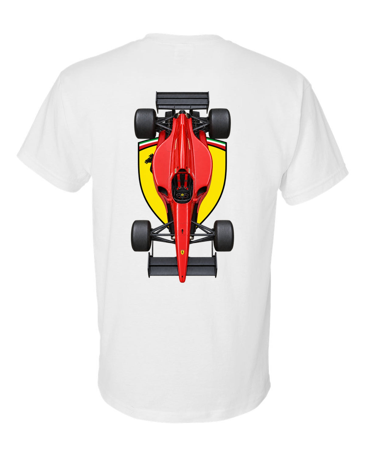Ferrari 641 1990 Formula 1 overhead poster artwork white t-shirt back view with the design