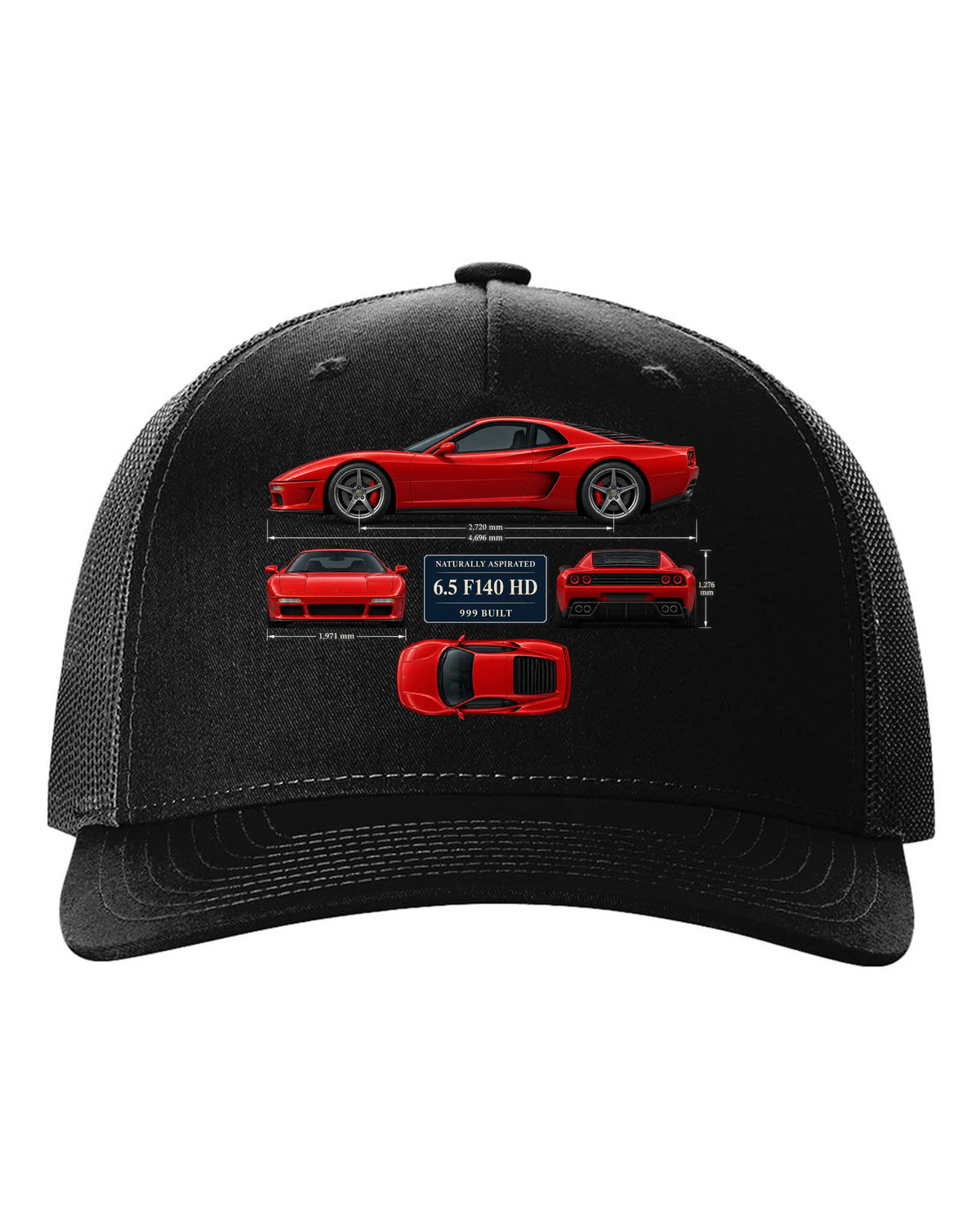 Ferrari 812 Competizione dimension blueprint print with 6.5 F140 HD, 999 built black hat front view with the design