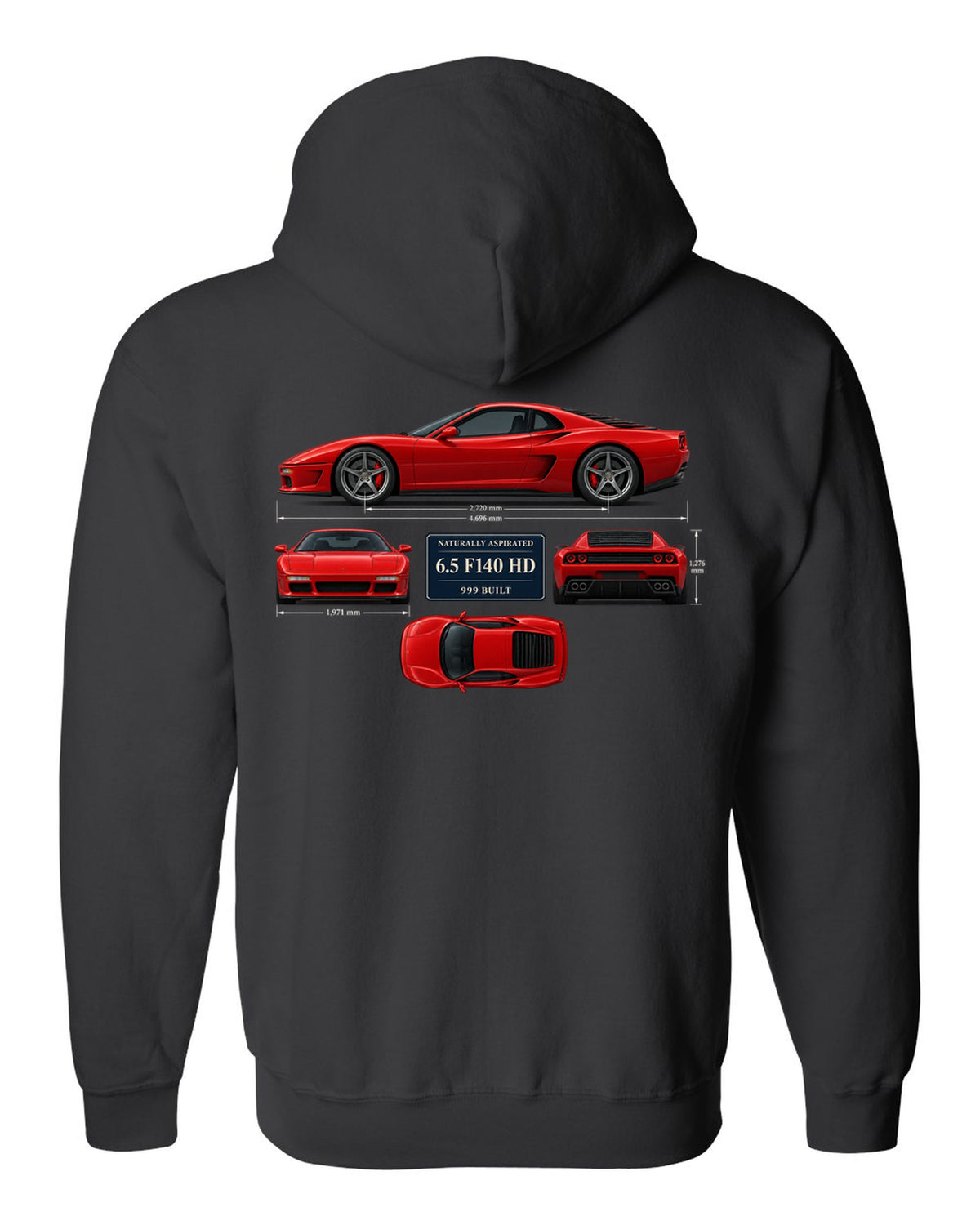 Ferrari 812 Competizione dimension blueprint print with 6.5 F140 HD, 999 built black zip hoodie back view with the design