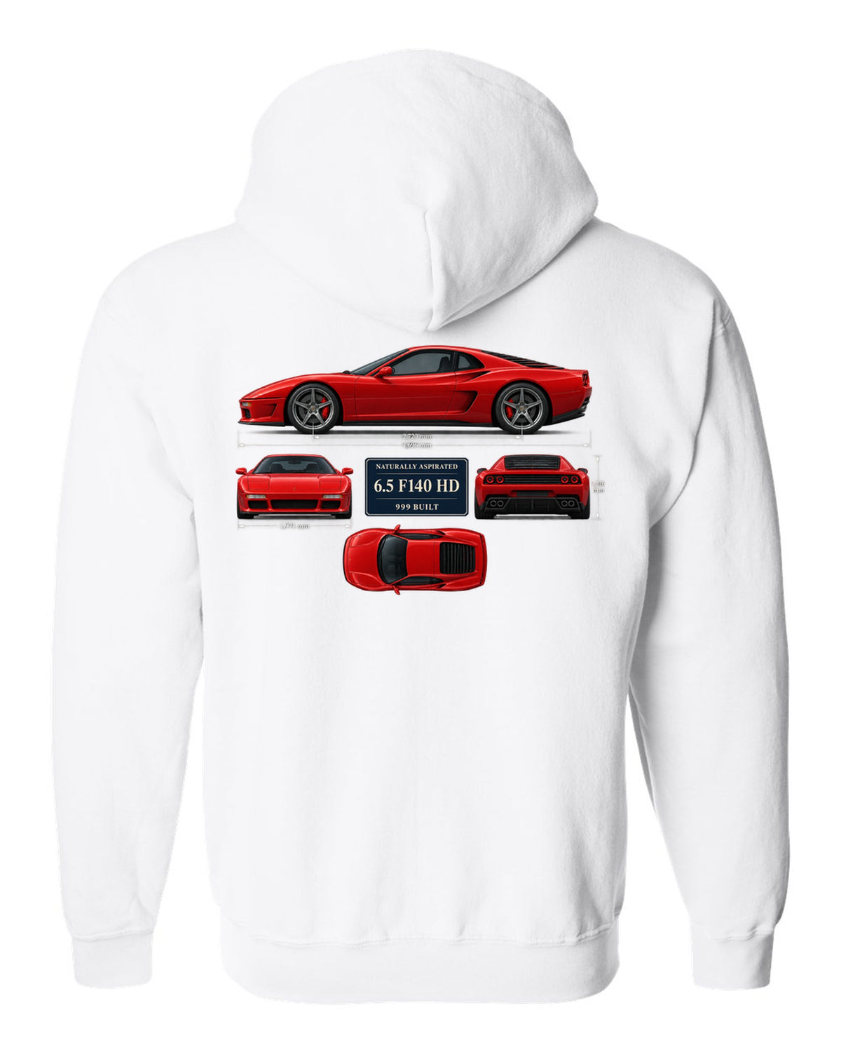 Ferrari 812 Competizione dimension blueprint print with 6.5 F140 HD, 999 built white zip hoodie back view with the design