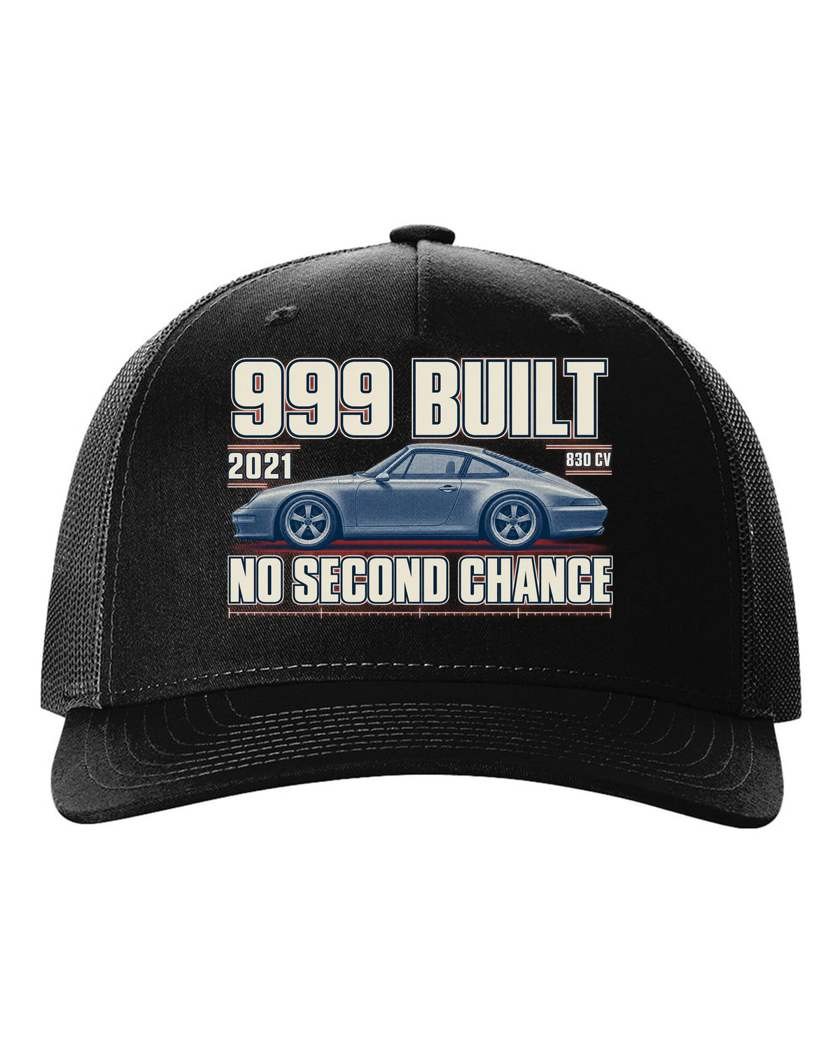Ferrari 812 Competizione halftone print with 999 built, 2021 text black hat front view with the design