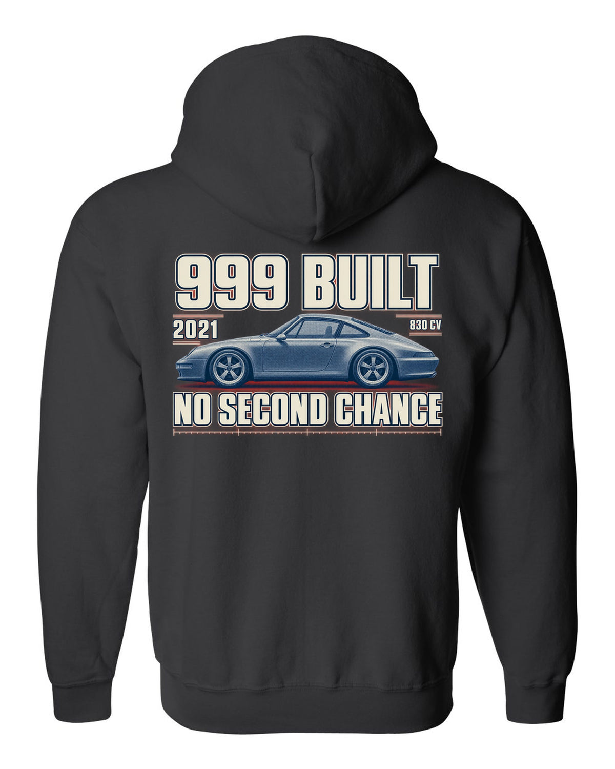Ferrari 812 Competizione halftone print with 999 built, 2021 text black zip hoodie back view with the design