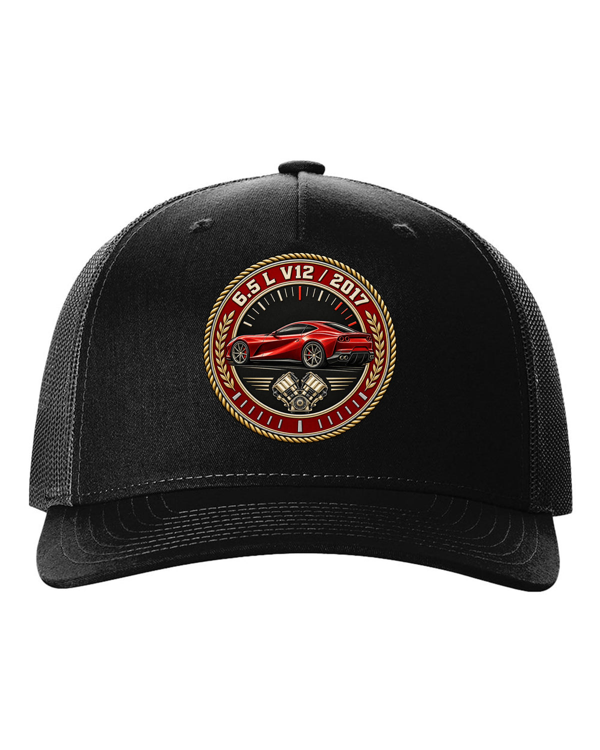 Round roundel print for the Ferrari 812 Superfast with 6.5 L V12 and 2017 lettering black hat front view with the design