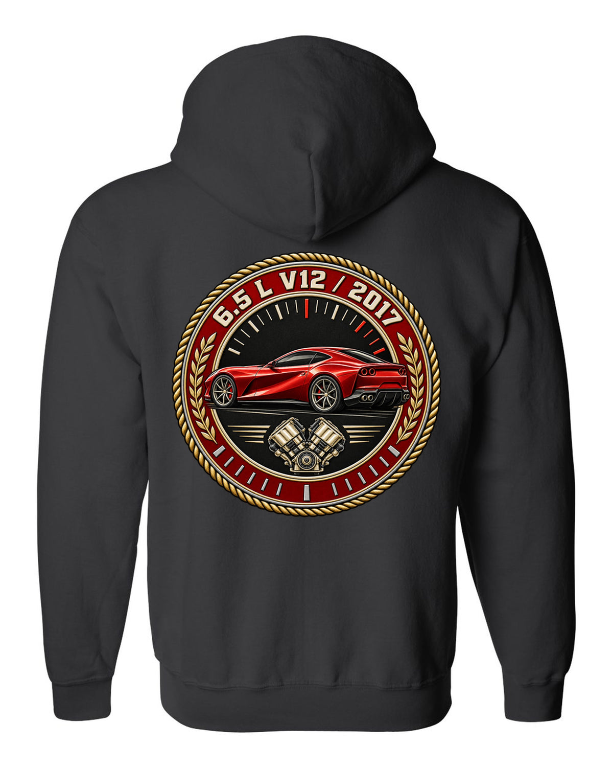 Round roundel print for the Ferrari 812 Superfast with 6.5 L V12 and 2017 lettering black zip hoodie back view with the design