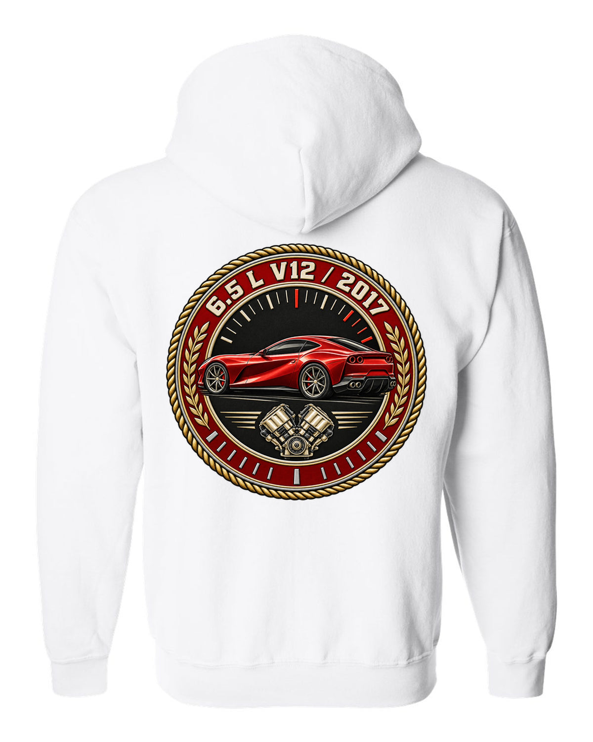 Round roundel print for the Ferrari 812 Superfast with 6.5 L V12 and 2017 lettering white zip hoodie back view with the design