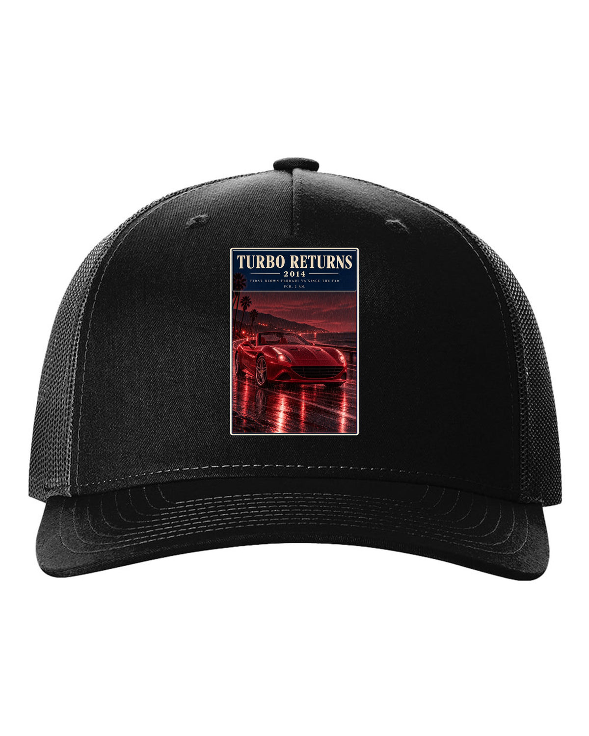 Red monochrome night street print of the Ferrari California T black hat front view with the design