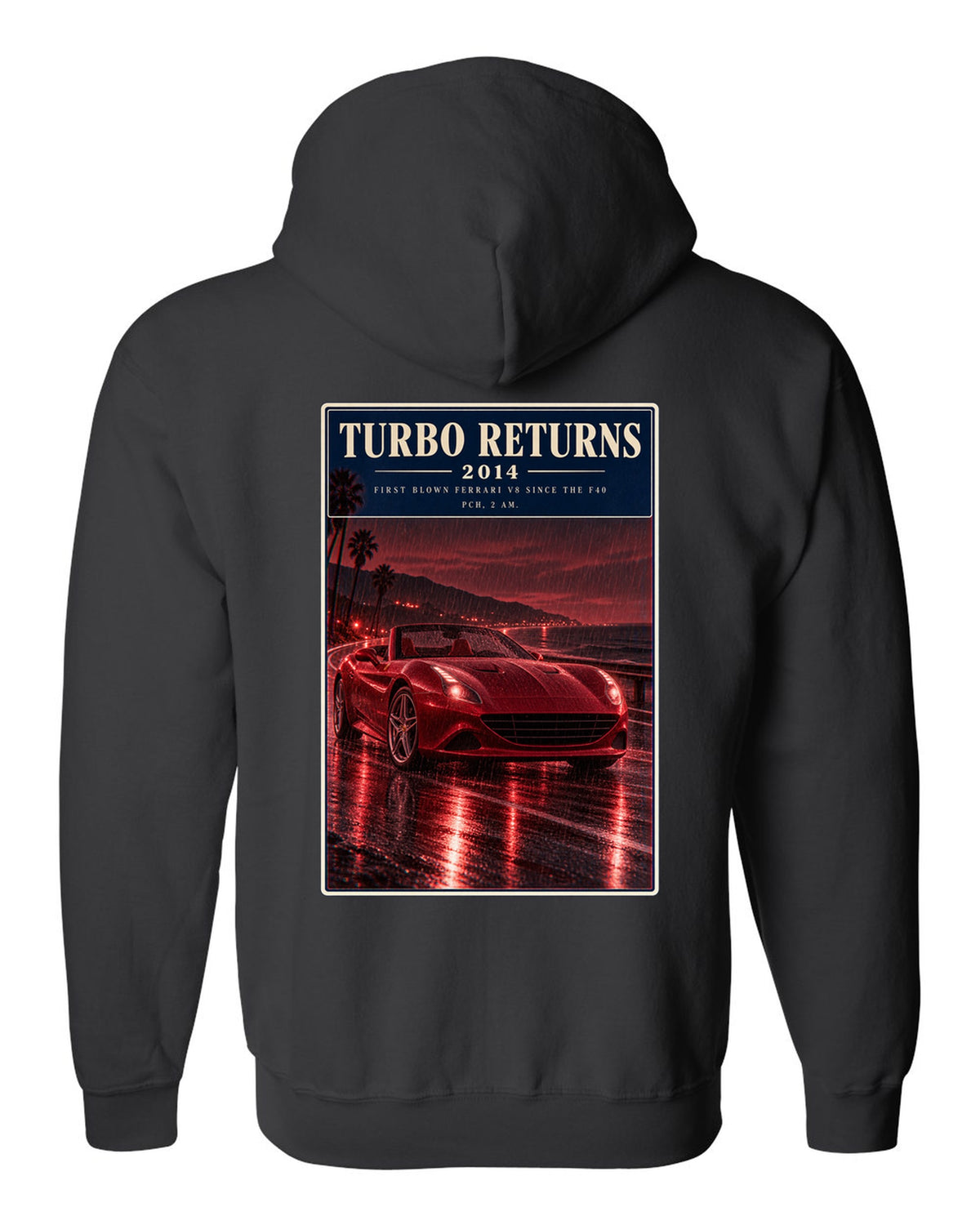 Red monochrome night street print of the Ferrari California T black zip hoodie back view with the design