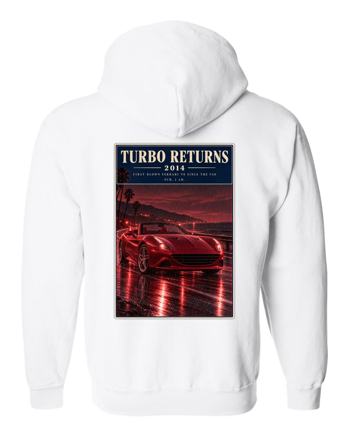 Red monochrome night street print of the Ferrari California T white zip hoodie back view with the design