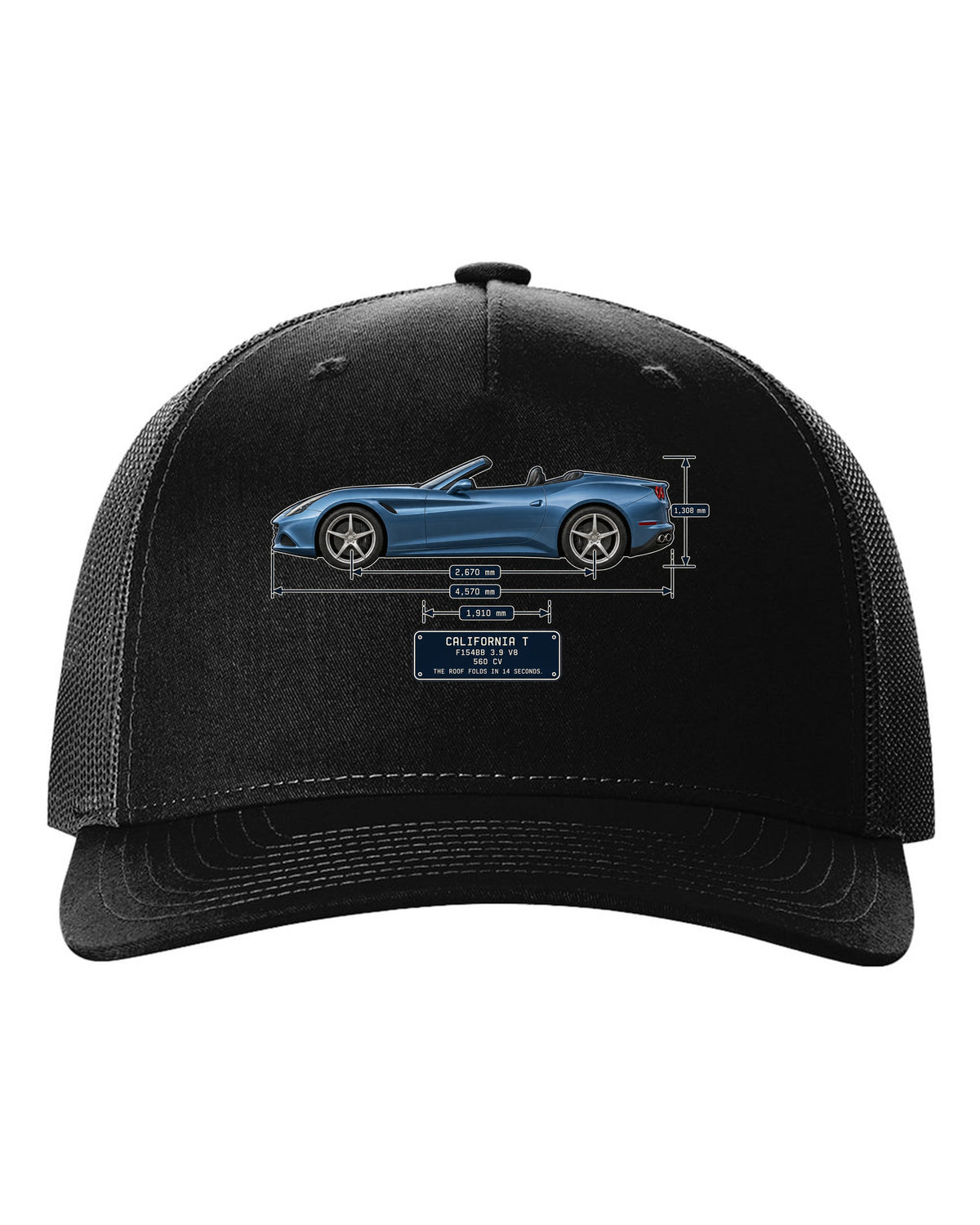 Dimension blueprint print of the Ferrari California T with roof folded black hat front view with the design