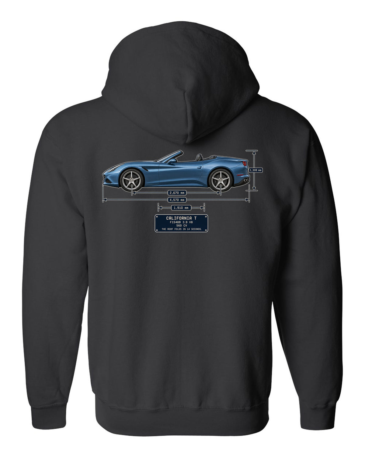 Dimension blueprint print of the Ferrari California T with roof folded black zip hoodie back view with the design