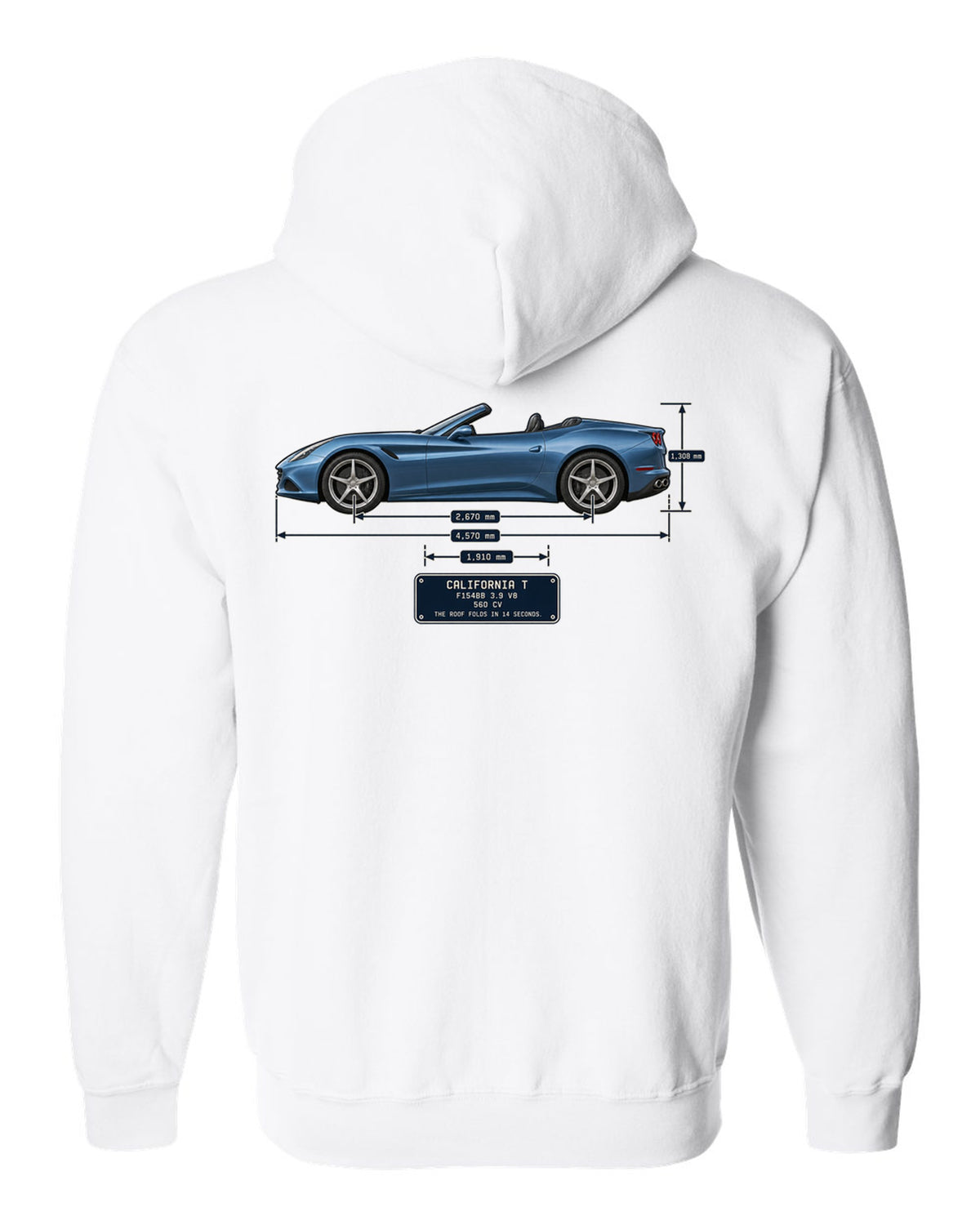 Dimension blueprint print of the Ferrari California T with roof folded white zip hoodie back view with the design