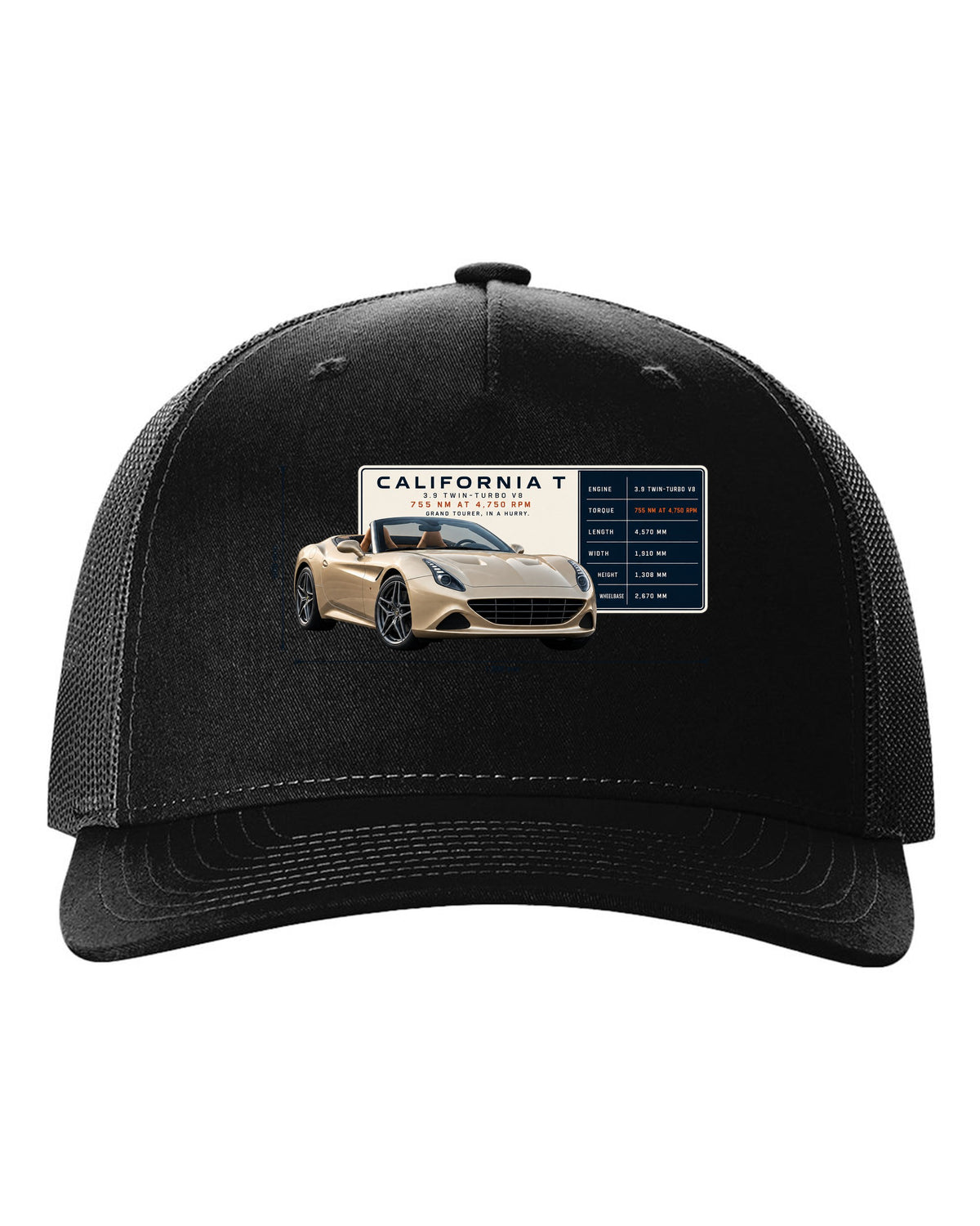 Spec poster print of the Ferrari California T in champagne tones black hat front view with the design