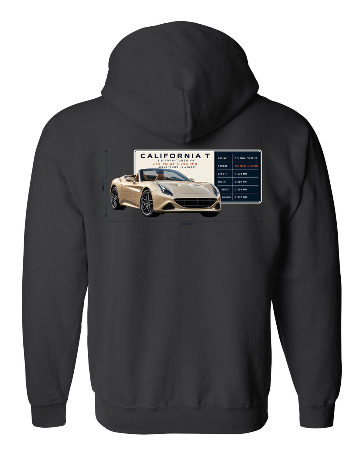 Spec poster print of the Ferrari California T in champagne tones black zip hoodie back view with the design