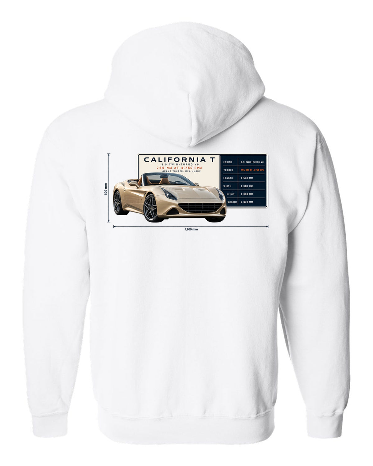 Spec poster print of the Ferrari California T in champagne tones white zip hoodie back view with the design