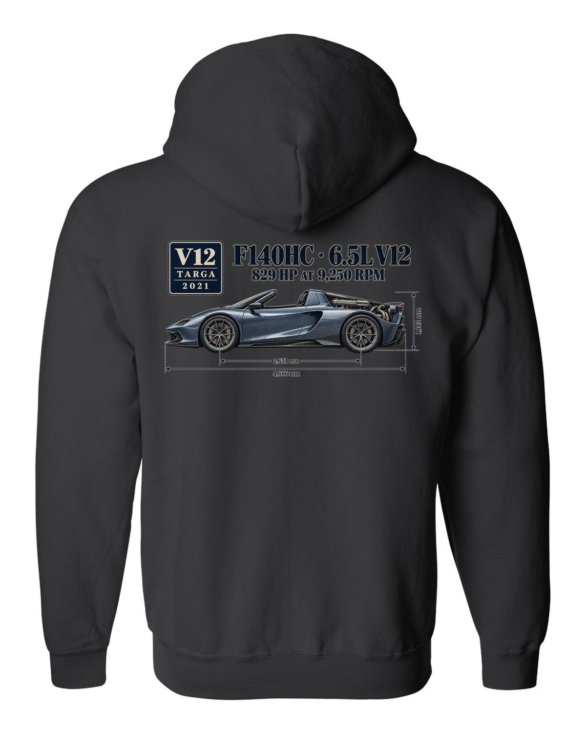 Ferrari Daytona SP3 dimension blueprint print with F140HC 6.5L V12 black zip hoodie back view with the design