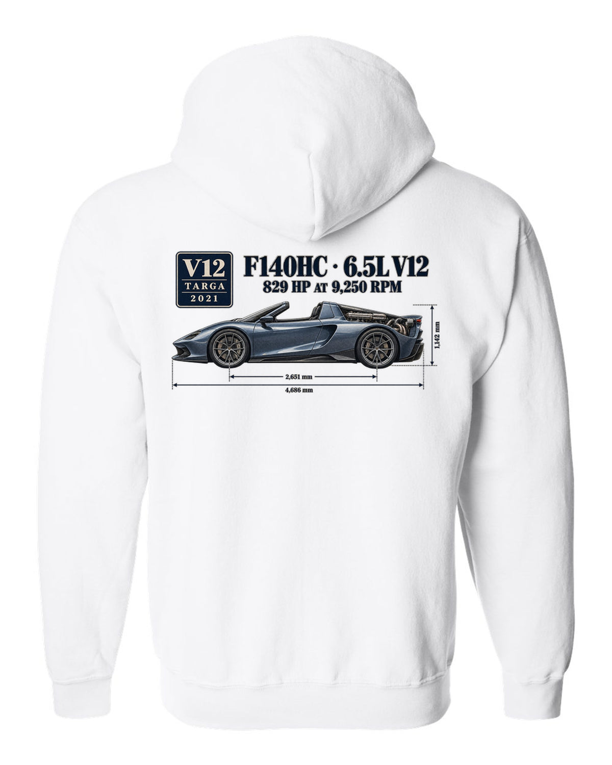 Ferrari Daytona SP3 dimension blueprint print with F140HC 6.5L V12 white zip hoodie back view with the design