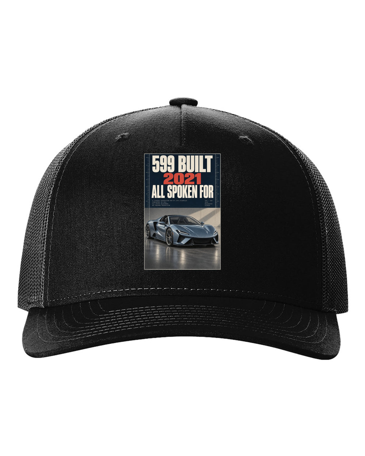 Halftone print of the Ferrari Daytona SP3 on a tee black hat front view with the design
