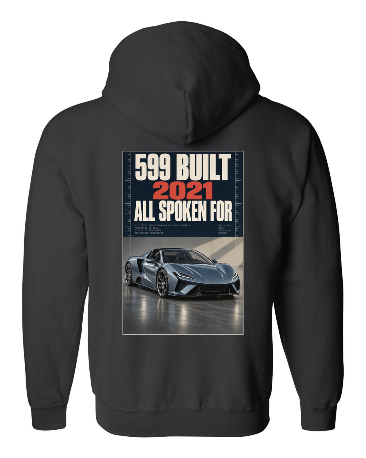Halftone print of the Ferrari Daytona SP3 on a tee black zip hoodie back view with the design