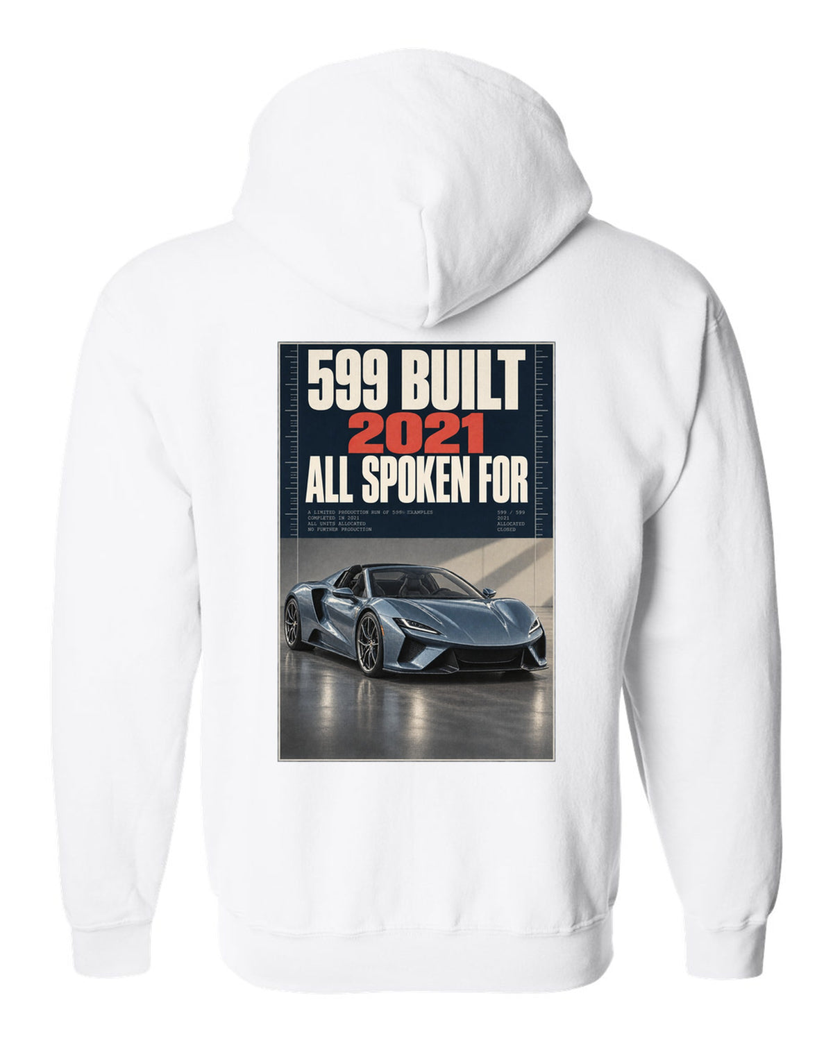 Halftone print of the Ferrari Daytona SP3 on a tee white zip hoodie back view with the design