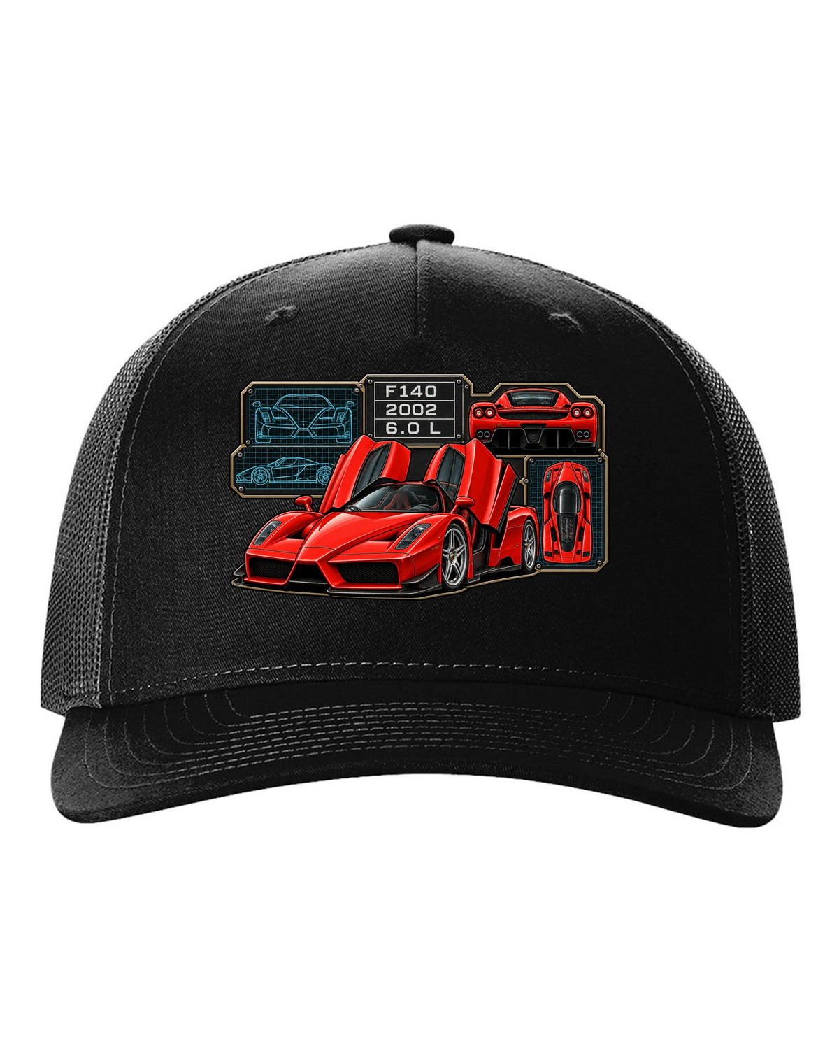 Spec-sheet data plate print of the Ferrari Enzo F140 with the text F140, 2002, 6.0 L black hat front view with the design