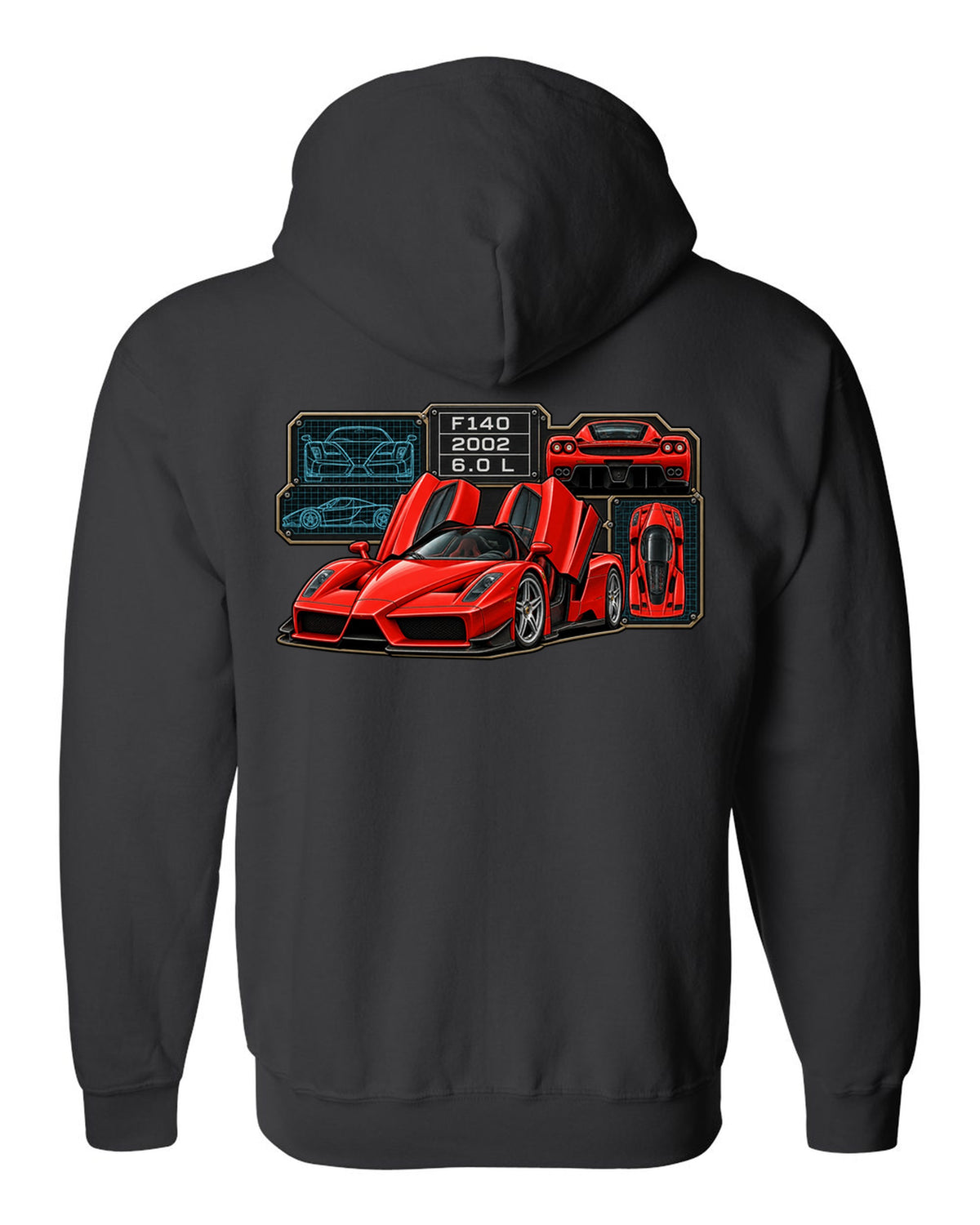 Spec-sheet data plate print of the Ferrari Enzo F140 with the text F140, 2002, 6.0 L black zip hoodie back view with the design