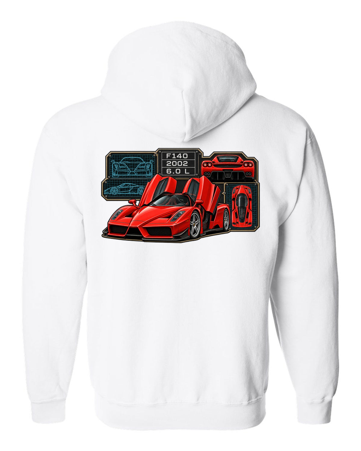 Spec-sheet data plate print of the Ferrari Enzo F140 with the text F140, 2002, 6.0 L white zip hoodie back view with the design
