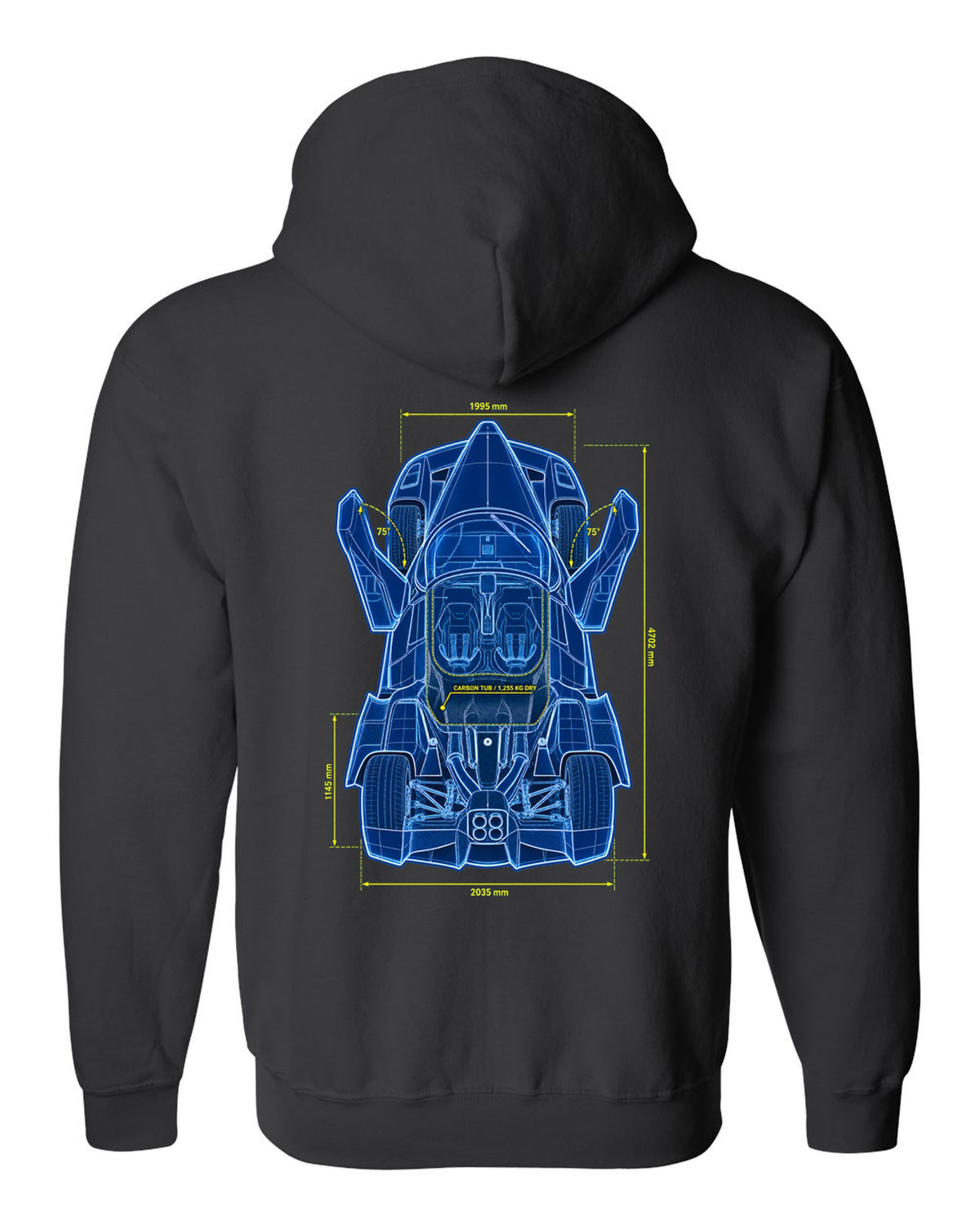 Technical top-plan blueprint print of a 2002 Ferrari Enzo F140 with carbon tub and 1,255 KG dry text black zip hoodie back view with the design