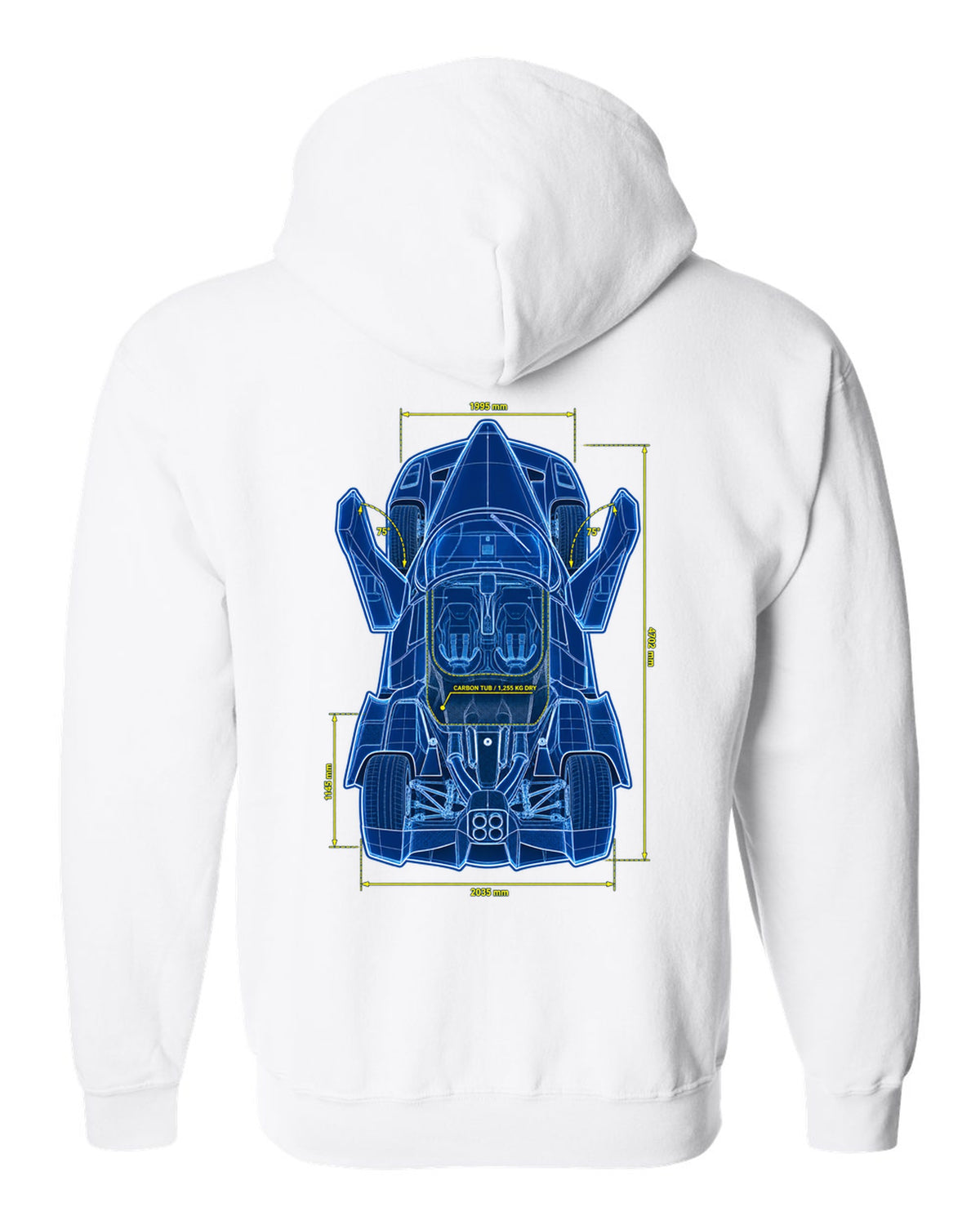 Technical top-plan blueprint print of a 2002 Ferrari Enzo F140 with carbon tub and 1,255 KG dry text white zip hoodie back view with the design